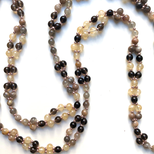 Tantric Mala Necklace: Moonstone, Smoky Quartz, Citrine 6 mm