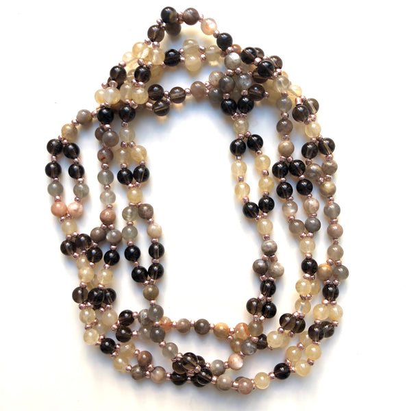 Tantric Mala Necklace: Moonstone, Smoky Quartz, Citrine 6 mm
