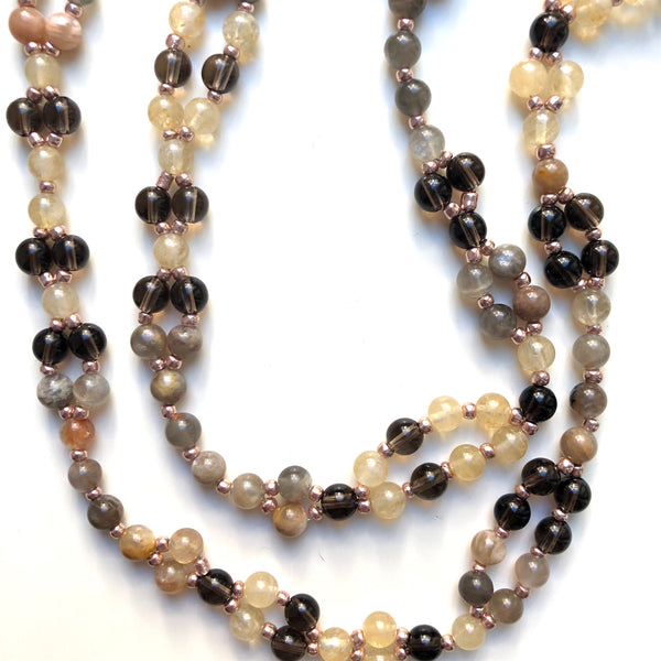 Tantric Mala Necklace: Moonstone, Smoky Quartz, Citrine 6 mm
