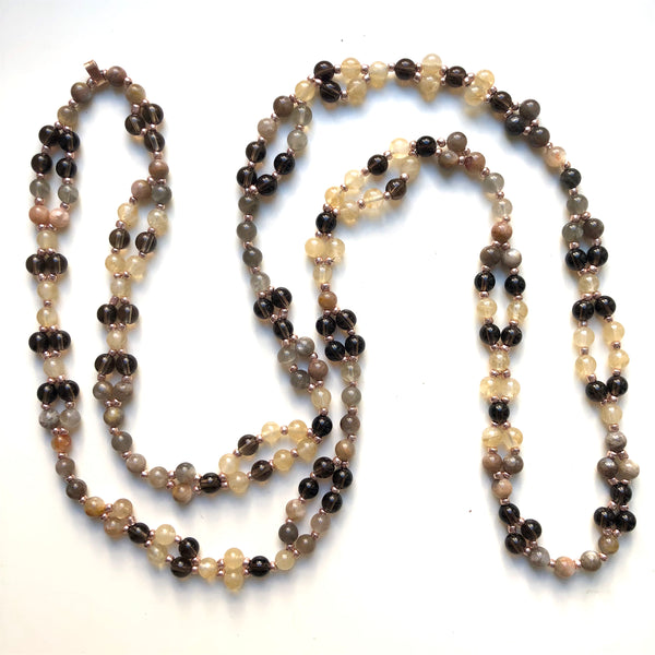 Tantric Mala Necklace: Moonstone, Smoky Quartz, Citrine 6 mm