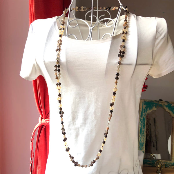 Tantric Mala Necklace: Moonstone, Smoky Quartz, Citrine 6 mm