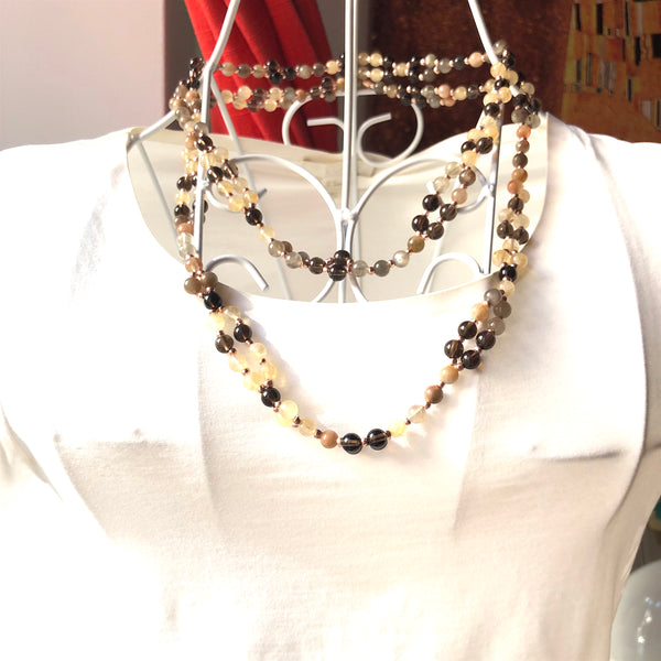 Tantric Mala Necklace: Moonstone, Smoky Quartz, Citrine 6 mm