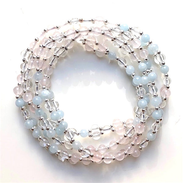 Tantric Mala Necklace: Aquamarine, Rose Quartz, Crystal Quartz 6 mm