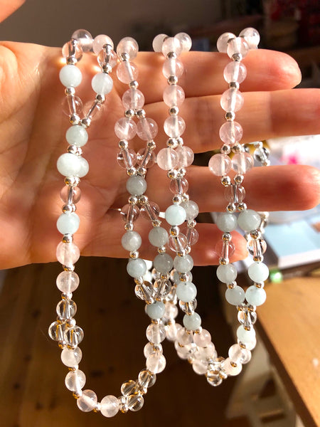 Tantric Mala Necklace: Aquamarine, Rose Quartz, Crystal Quartz 6 mm