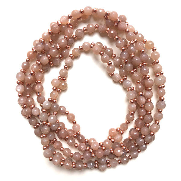 Tantric Mala Necklace: Rose Moonstone Faceted 6 mm.