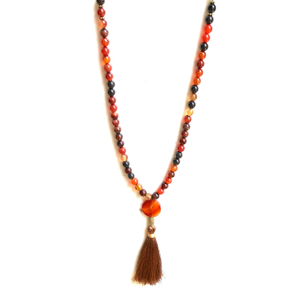 Aria Mala Atelier's unique one-of-a-kind brown agate gemstone meditation japa mala with copper buddha charm is for yoga meditation empowering spiritual daily practise intention setting and mindfulness practices