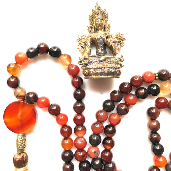 Aria Mala Atelier's unique one-of-a-kind brown agate gemstone meditation japa mala with copper buddha charm is for yoga meditation empowering spiritual daily practise intention setting and mindfulness practices