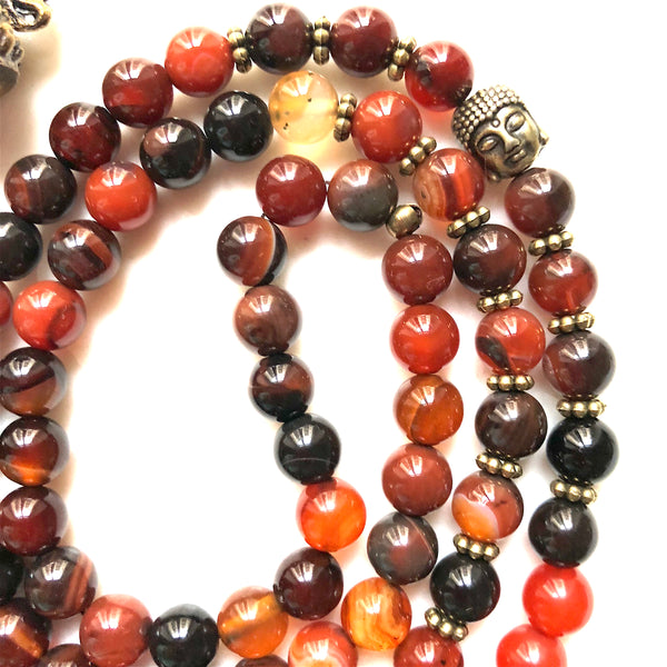 Aria Mala Atelier's unique one-of-a-kind brown agate gemstone meditation japa mala with copper buddha charm is for yoga meditation empowering spiritual daily practise intention setting and mindfulness practices