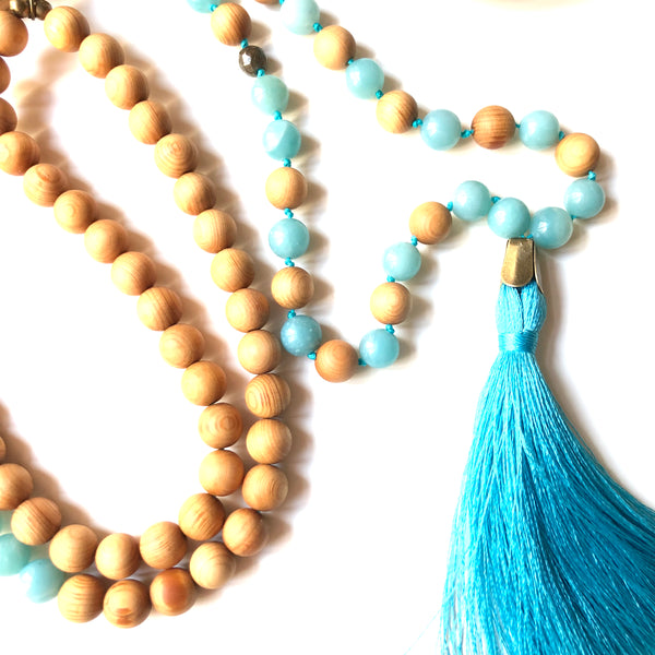 Aria Mala Atelier's unique one-of-a-kind amazonite sandalwood throat chakra gemstone meditation japa mala is for yoga meditation spiritual daily practise