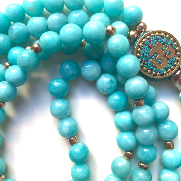 Amazonite Mala Beads, 108 Beads, Mala Necklace, OM Charm, Yoga Jewelry, Schmuck