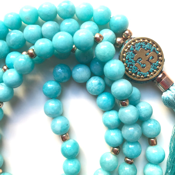 Amazonite Mala Beads, 108 Beads, Mala Necklace, OM Charm, Yoga Jewelry, Schmuck