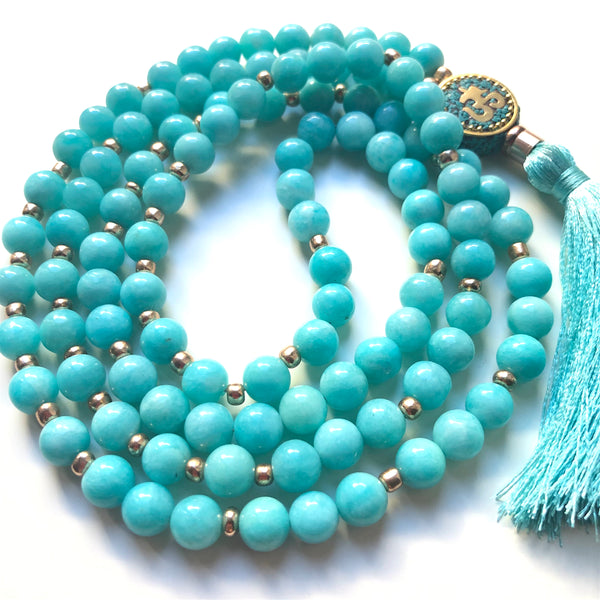 Amazonite Mala Beads, 108 Beads, Mala Necklace, OM Charm, Yoga Jewelry, Schmuck