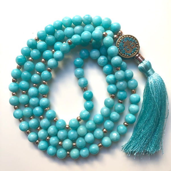 Amazonite Mala Beads, 108 Beads, Mala Necklace, OM Charm, Yoga Jewelry, Schmuck