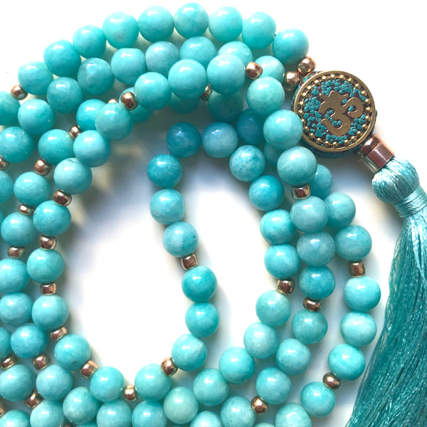 Amazonite Mala Beads, 108 Beads, Mala Necklace, OM Charm, Yoga Jewelry, Schmuck