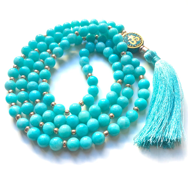 Amazonite Mala Beads, 108 Beads, Mala Necklace, OM Charm, Yoga Jewelry, Schmuck
