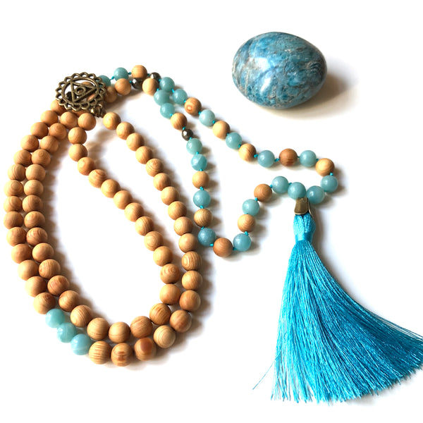 Aria Mala Atelier's unique one-of-a-kind amazonite sandalwood throat chakra gemstone meditation japa mala is for yoga meditation spiritual daily practise