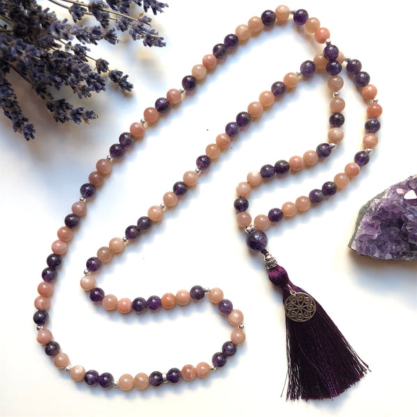 Aria Mala Atelier's unique one-of-a-kind rose Moonstone, amethyst gemstone meditation japa mala with sterling silver mandala charm is for yoga meditation empowering spiritual daily practise and intention setting