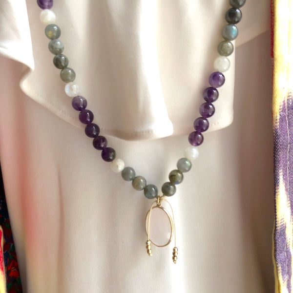 Amethyst Beads, Labradorite 108 Mala, Moonstone Mala Necklace, Rose Quartz Charm