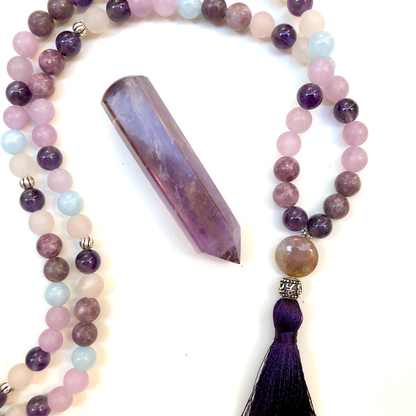 Aria Mala Atelier's unique one-of-a-kind Aquamarine, Quartz, Amethyst, Lepidolite, Jade gemstone meditation japa mala with silver mandala charm is for yoga meditation empowering spiritual daily practise and intention setting