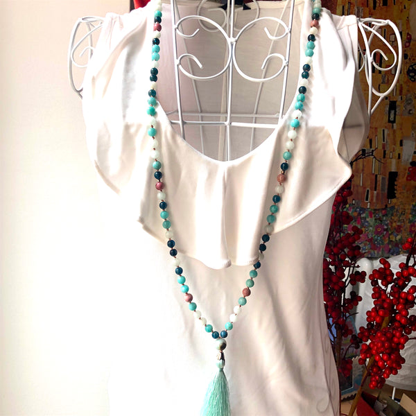 Apatite Necklace, Rhodonite Mala, Amazonite Mala Necklace, Jade, Tassel Necklace, Yoga Jewelry, 108 Mala