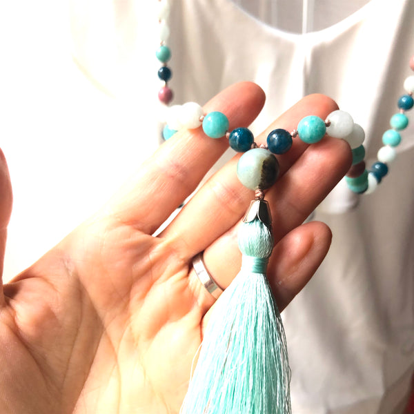 Apatite Necklace, Rhodonite Mala, Amazonite Mala Necklace, Jade, Tassel Necklace, Yoga Jewelry, 108 Mala