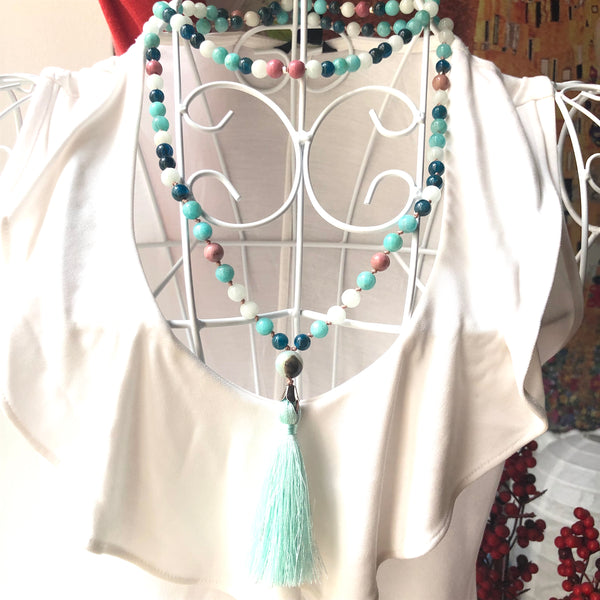 Apatite Necklace, Rhodonite Mala, Amazonite Mala Necklace, Jade, Tassel Necklace, Yoga Jewelry, 108 Mala