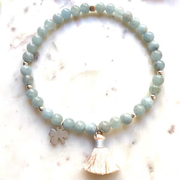 Aria Mala Atelier's unique one-of-a-kind Aquamarine Silver Clover charm anklet for spiritual living