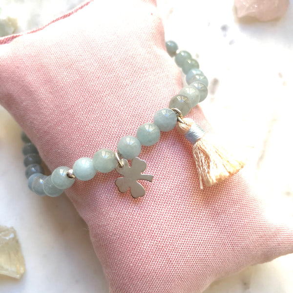 Aria Mala Atelier's unique one-of-a-kind Aquamarine Silver Clover charm anklet for spiritual living
