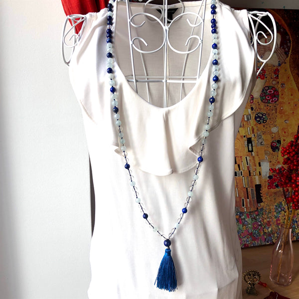 Aquamarine Mala Beads, Quartz Yoga Necklace, Lapis Lazuli 108 Mala Beads, Mala Kette