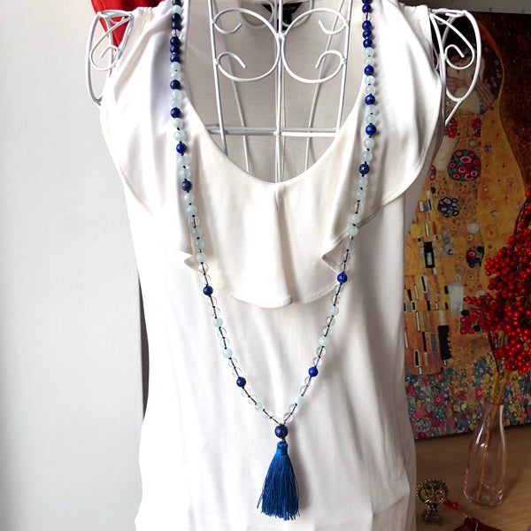 Aquamarine Mala Beads, Quartz Yoga Necklace, Lapis Lazuli 108 Mala Beads, Mala Kette