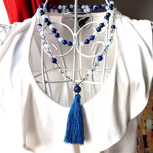 Aquamarine Mala Beads, Quartz Yoga Necklace, Lapis Lazuli 108 Mala Beads, Mala Kette