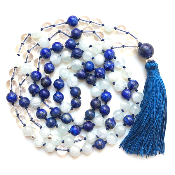 Aquamarine Mala Beads, Quartz Yoga Necklace, Lapis Lazuli 108 Mala Beads, Mala Kette