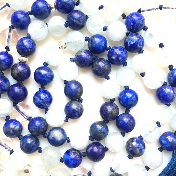 Aquamarine Mala Beads, Quartz Yoga Necklace, Lapis Lazuli 108 Mala Beads, Mala Kette