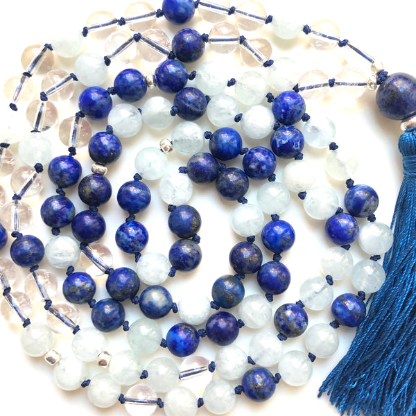 Aquamarine Mala Beads, Quartz Yoga Necklace, Lapis Lazuli 108 Mala Beads, Mala Kette