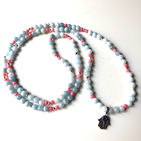 Aquamarine Mala Beads,  Hamsa with Evil Eye (Nazar), 108 Beads, Yoga Necklace