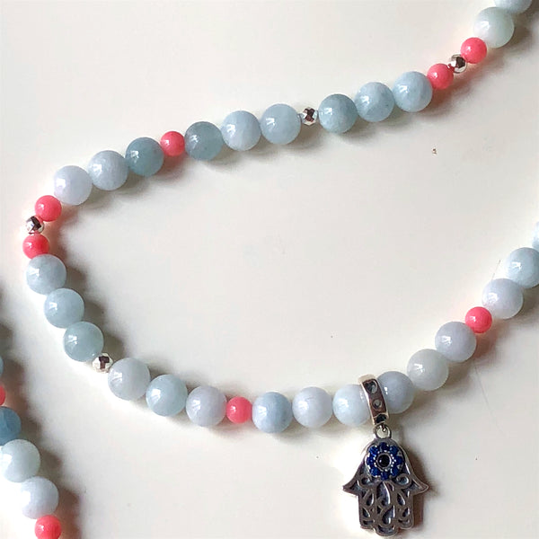 Aquamarine Mala Beads,  Hamsa with Evil Eye (Nazar), 108 Beads, Yoga Necklace