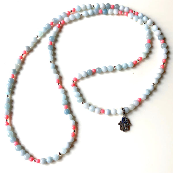 Aquamarine Mala Beads,  Hamsa with Evil Eye (Nazar), 108 Beads, Yoga Necklace