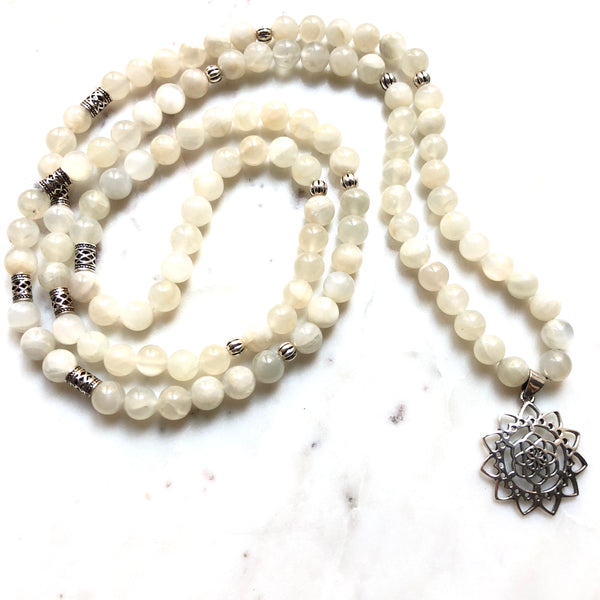 Aria Mala Atelier's unique one-of-a-kind white Moonstone with Sterling silver mandala charm is for yoga meditation empowering spiritual daily practise and intention setting
