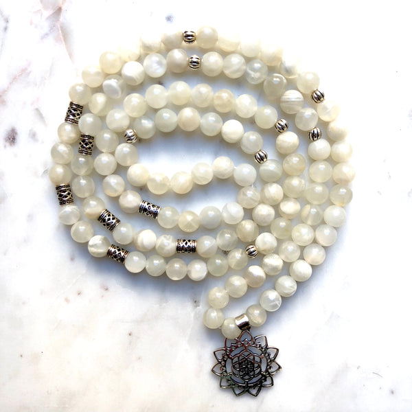 Aria Mala Atelier's unique one-of-a-kind white Moonstone with Sterling silver mandala charm is for yoga meditation empowering spiritual daily practise and intention setting