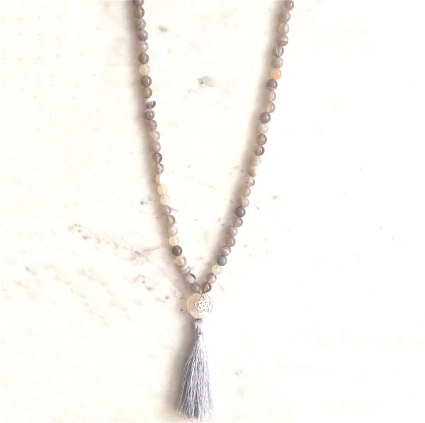 Aria Mala Atelier's unique one-of-a-kind agate gemstone meditation japa mala with sterling silver mandala charm is for yoga meditation empowering spiritual daily practise and intention setting