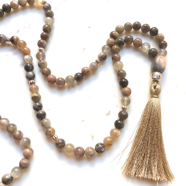 Aria Mala Atelier's unique one-of-a-kind black moonstone gemstone meditation japa mala with yin&yang silver charm is for yoga meditation, empowering spiritual, mindfulness daily practise, intention setting