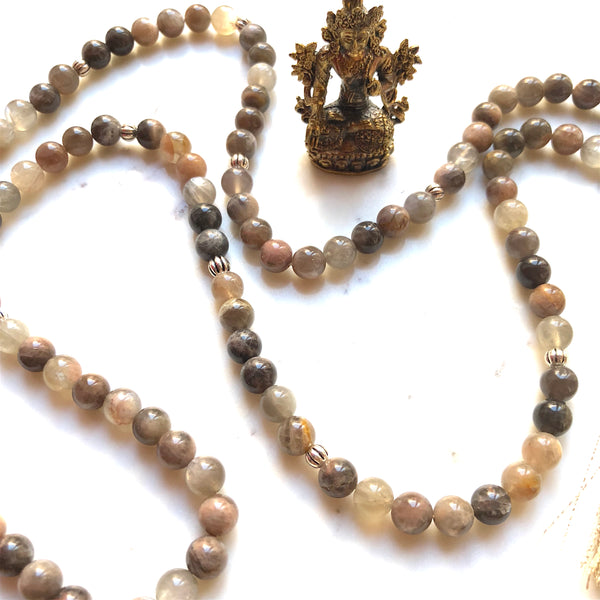 Aria Mala Atelier's unique one-of-a-kind black moonstone gemstone meditation japa mala with yin&yang silver charm is for yoga meditation, empowering spiritual, mindfulness daily practise, intention setting