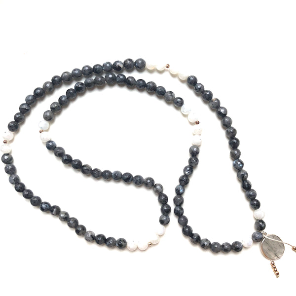 Spectrolite Beads, 108 Mala, White Moonstone Mala Necklace, Quartz Charm