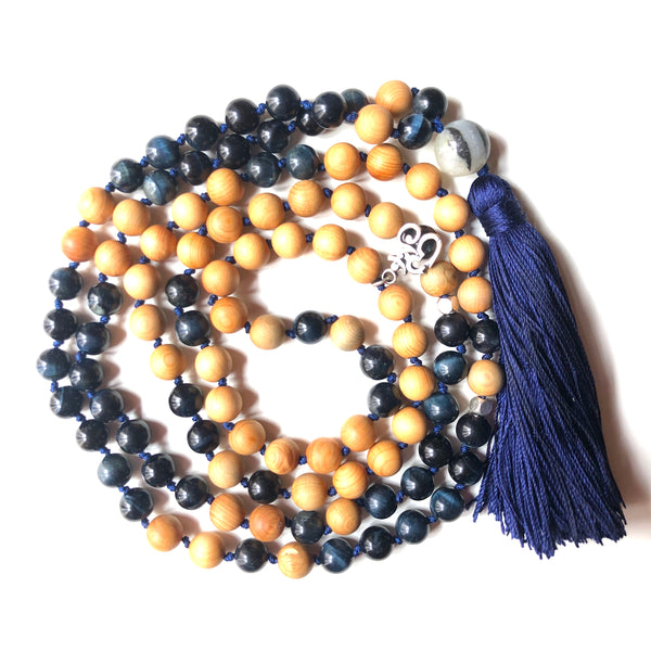 Blue Tiger's Eye Mala Beads, 108 Mala, Tassel Necklace, Yoga Jewelry, Meditation Beads