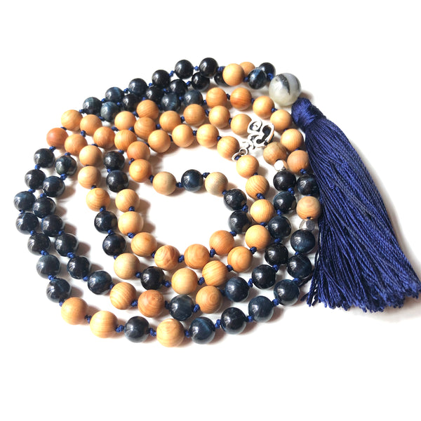 Blue Tiger's Eye Mala Beads, 108 Mala, Tassel Necklace, Yoga Jewelry, Meditation Beads