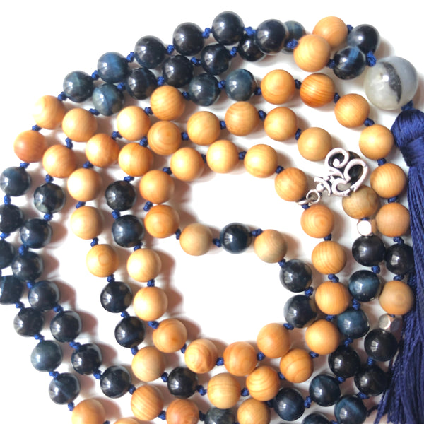 Blue Tiger's Eye Mala Beads, 108 Mala, Tassel Necklace, Yoga Jewelry, Meditation Beads