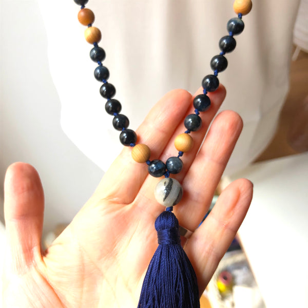Blue Tiger's Eye Mala Beads, 108 Mala, Tassel Necklace, Yoga Jewelry, Meditation Beads