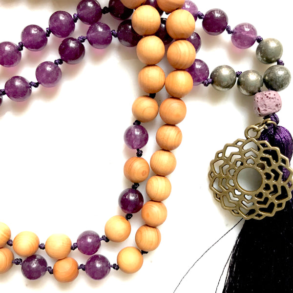 Aria Mala Atelier's unique one-of-a-kind Jade, Pyrite, Sandalwood  gemstone meditation japa mala with crown ( seventh ) chakra charm is for yoga meditation empowering spiritual daily practise and intention setting