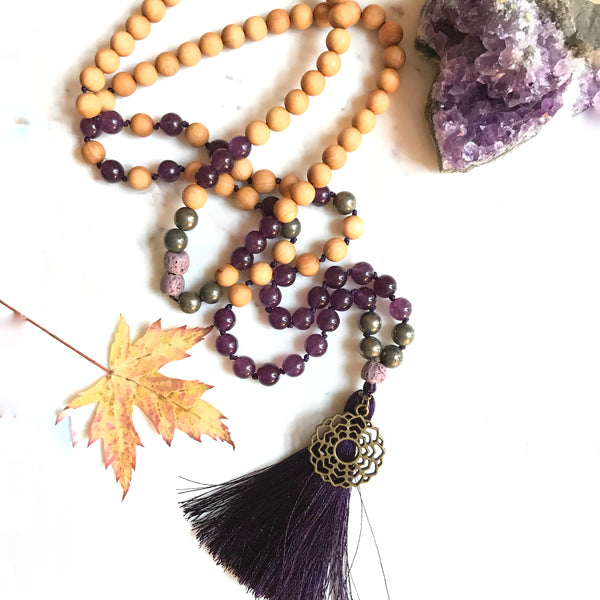 Aria Mala Atelier's unique one-of-a-kind Jade, Pyrite, Sandalwood  gemstone meditation japa mala with crown ( seventh ) chakra charm is for yoga meditation empowering spiritual daily practise and intention setting