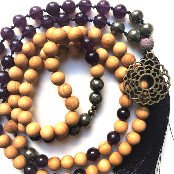 Jade Mala Beads, Pyrite Yoga Necklace, Sandalwood, Crown Chakra, Prayer Beads, 108 beads